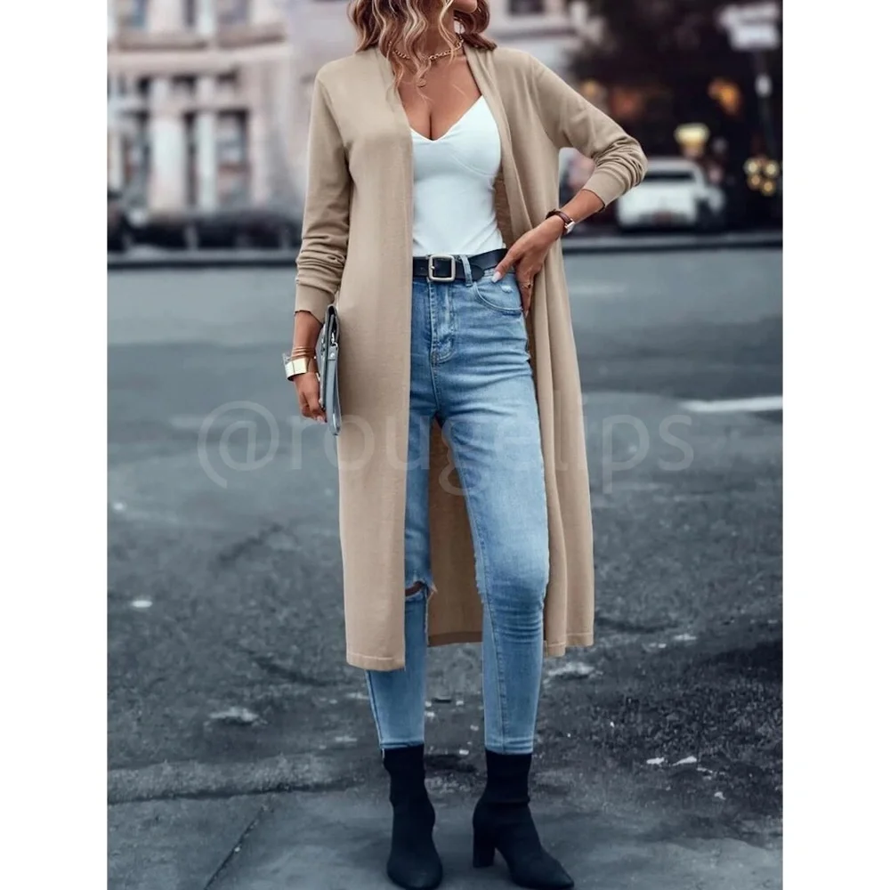 Beige Khaki Tan Light Duster Cardigan Open Long Sleeve  Knit, Stretchy - Picture 6 of 8